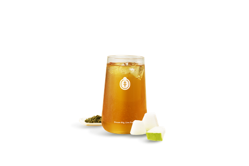 Refreshing and clean Winter Melon Oolong Tea served over ice with winter melon and loose oolong tea leaves.