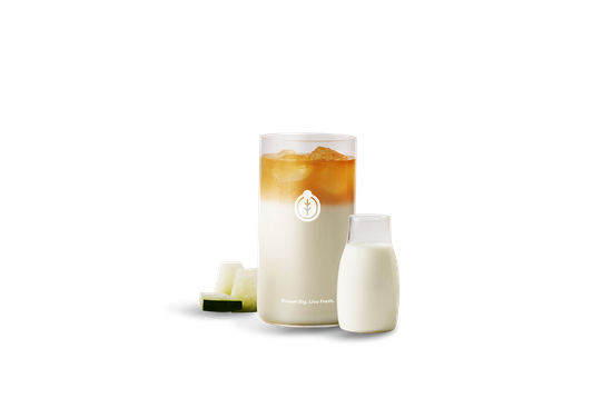 Tea-free, non-caffeinated Winter Melon Fresh Milk Beverage served over ice with fresh milk and winter melon.