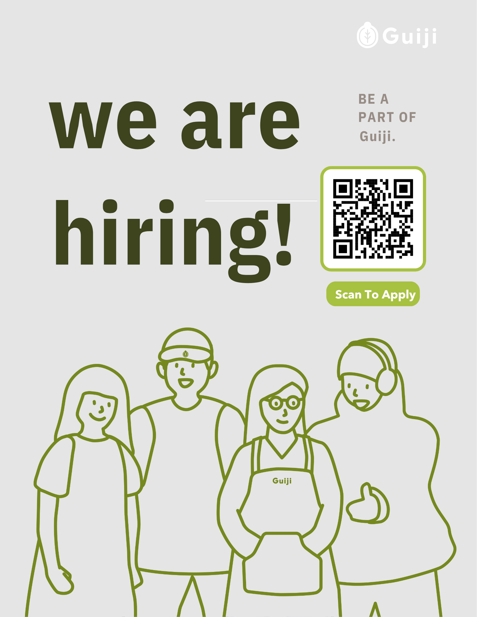 Hiring poster with QR code and image of team members inviting applicants to join the team and explore career opportunities.