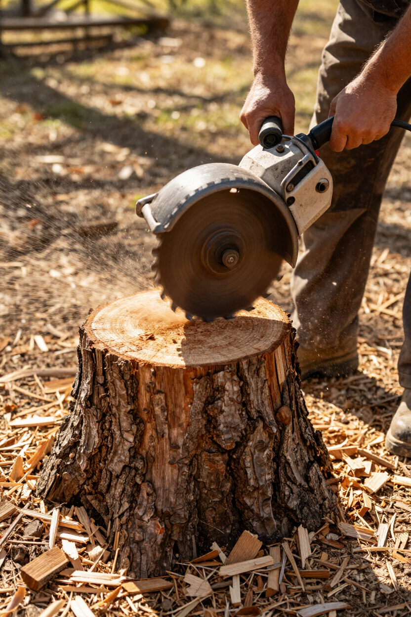 Person using a circular saw to cut a tree stump outdoors, with wood chips scattered around
