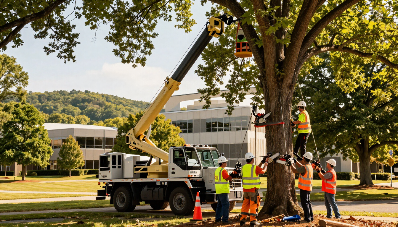 Utility crew trimming a large tree with a bucket truck near an office building