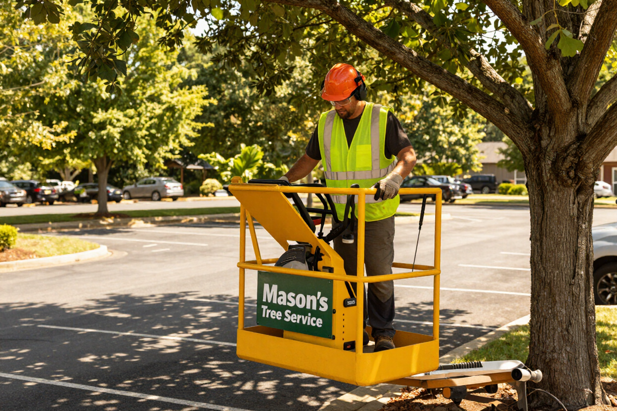 Worker in orange hard hat and safety vest standing in a yellow tree-service lift beside a roadside tree