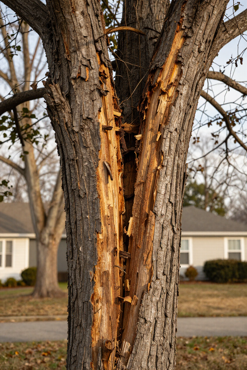 Close-up of a diseased and structurally compromised hardwood tree on a residential property in central Virginia.