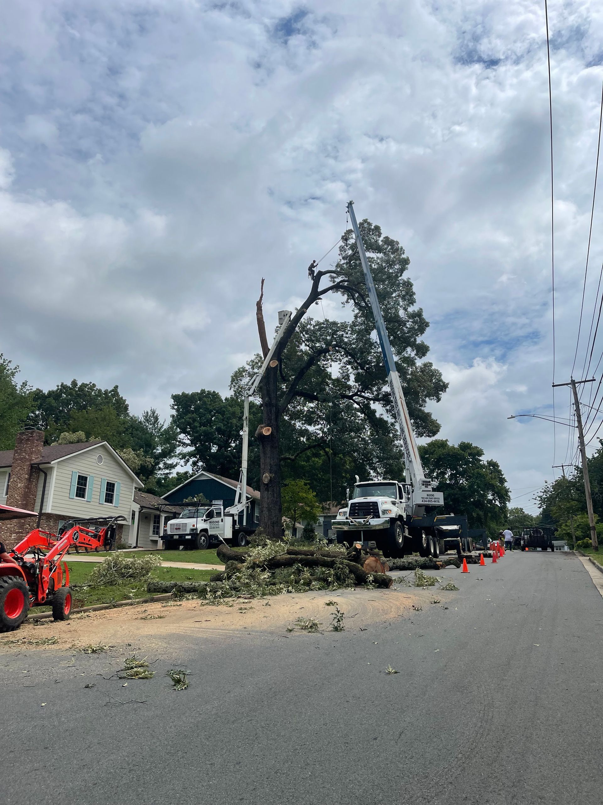 Two bucket trucks raising workers to trim bare trees beside a red barn and a white truck.