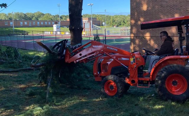 Orange tractor loader lifting a fallen tree branch beside a fenced park on a sunny day