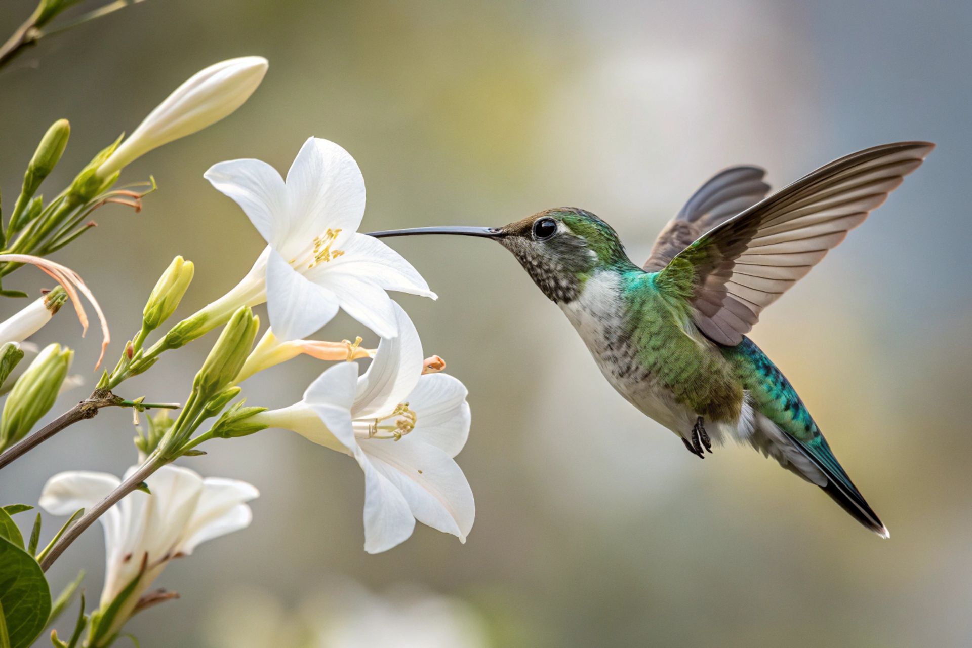 A hummingbird with iridescent green feathers hovers near white tubular flowers, inserting its beak into a blossom.