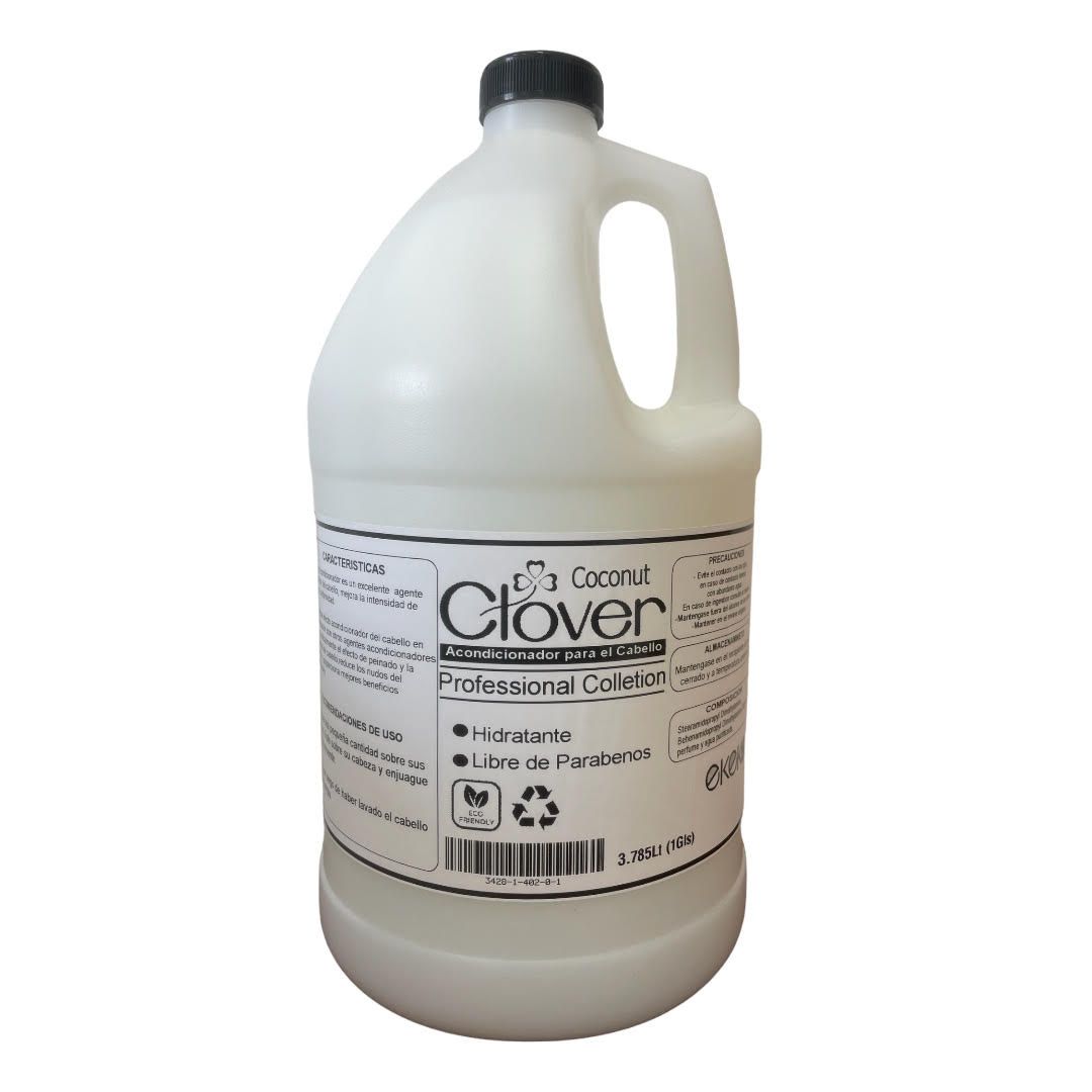 Jarra de plástico blanco de líquido limpiador Clover con tapa y asa negras sobre fondo liso