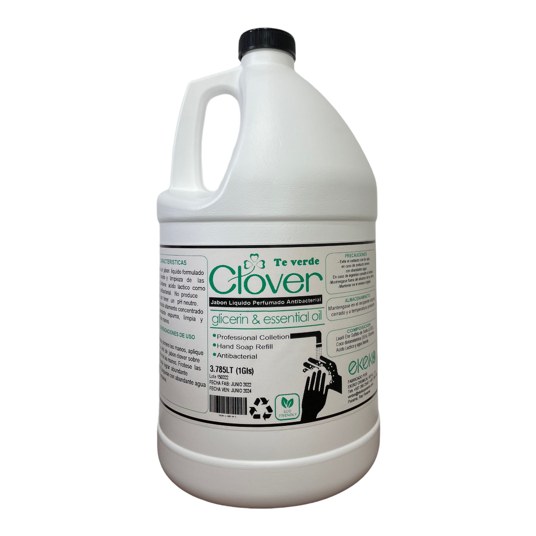 Jarra de plástico blanco de líquido limpiador Clover con asa y tapón negro sobre fondo liso