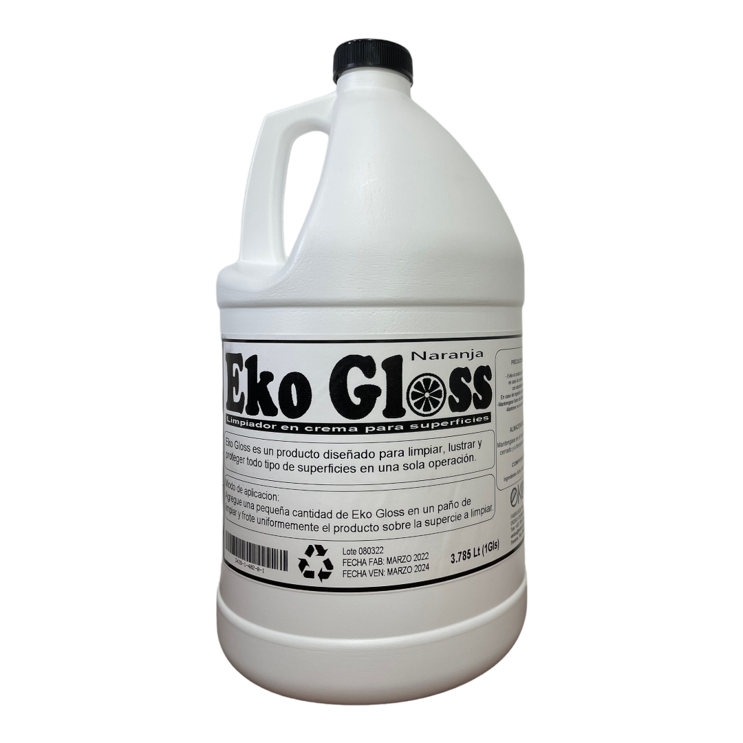 Botella de plástico blanco de limpiador Eko Gloss con asa y tapón negro sobre un fondo liso.