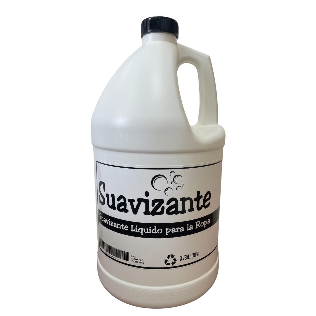 Botella de plástico blanco de suavizante de telas Suavizante con tapa negra sobre fondo liso.