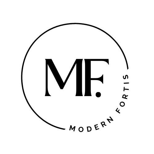 A black and white logo for a company called modern fortis.