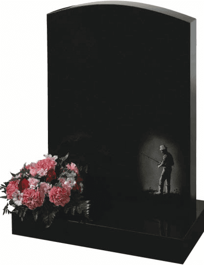 All polished Black granite memorial with a camber top and is illustrated here with a tranquil scene of a loved one fishing.