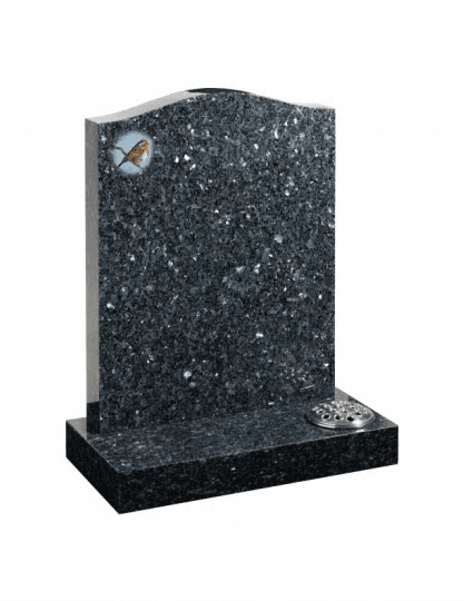 An ogee top, Blue Pearl Granite memorial with a coloured Robin.