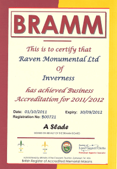 This is to certify that raven monumental ltd of inverness has achieved business accreditation for 2011/2012