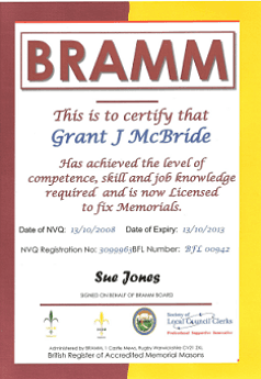 A certificate that says bramm has achieved the level of competence skill and job knowledge required and is now licensed to fix memorials