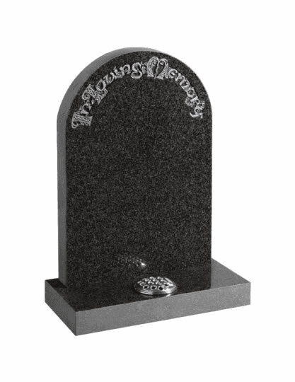 A norman round shaped stone with decorative silver Celtic lettering on a part polished South African Dark Grey granite.