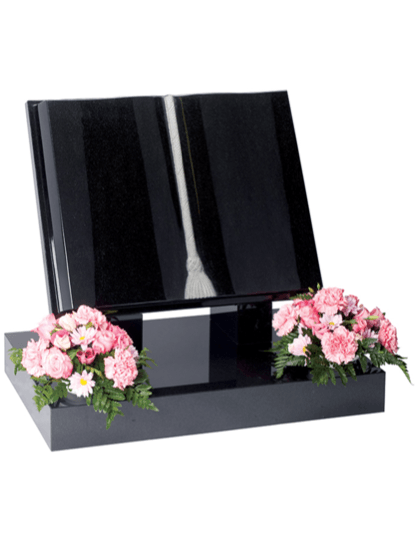Classic book shape with curved pages and a tooled cord and tassel carved from Black granite.