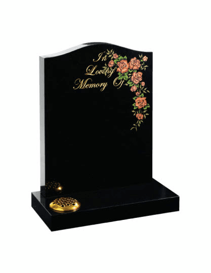 The ogee shape and black polished granite is the perfect canvas for a design of flowing script and an intertwinning English rose.