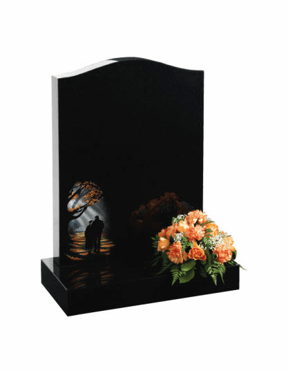 Loving friendship remembered on this simple polished Black granite ogee shaped stone.