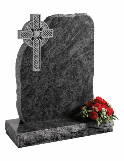 The timeless beauty of a Celtic cross sits proudly with a rustic pitched edge Lavender Blue granite monument.