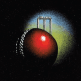 A red cricket ball is sitting on top of a green field.