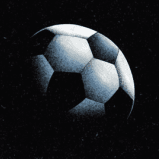 A soccer ball is floating in the air on a black background.