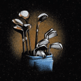 A bunch of golf clubs are in a blue bag on a black background.