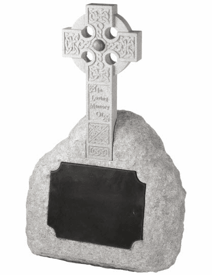 Based upon an historical Celtic wheel cross with intricate knotwork, this Impala granite memorial sits as if rising from a rustic boulder. The inlaid panel is non-reflective 