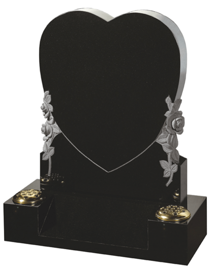 Elegant polished Black granite heart shape with contrasting carved roses.