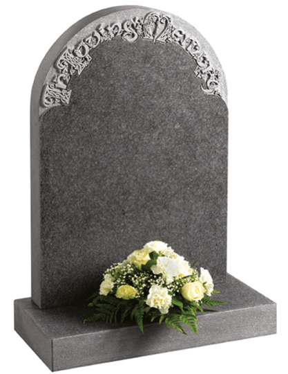 Decorative Celtic lettering in a natural 'churchyard' finish on honed granite.