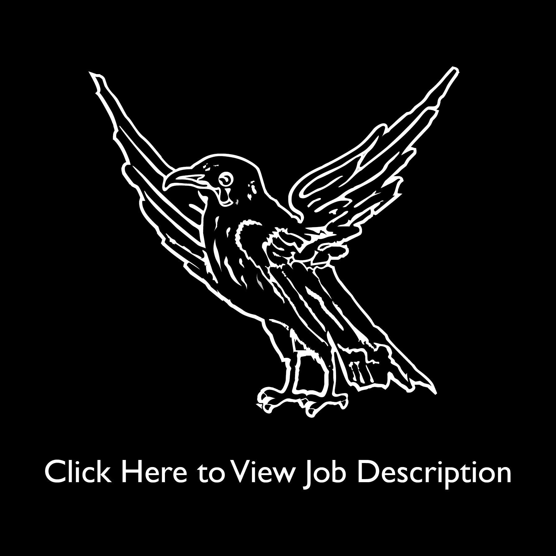 A black and white drawing of a bird with the words click here to view job description below it.