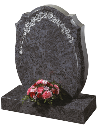 Refined, bowed profile enhanced by broad chamfers on Lavender Blue granite.