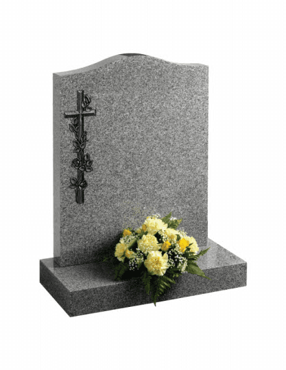 Ogee top memorial with carved design, painted to give a '3D' effect shown on Cathay light grey granite.