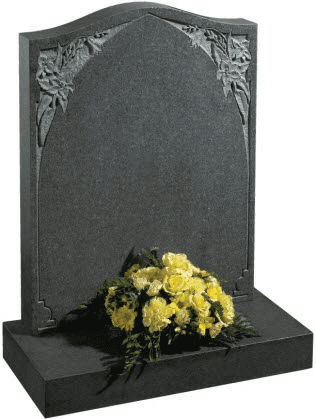 This ogee top memorial in South African dark Grey granite has a honed finish and a deep cut floral border design.