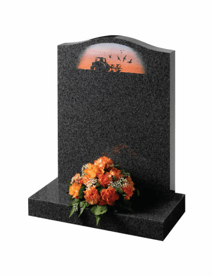 An ogee shaped Chinese Rustenberg granite memorial with evocative rural motif.
