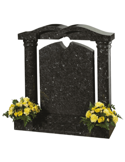 Distinguished Emerald Pearl granite pillared memorial with heart detail.