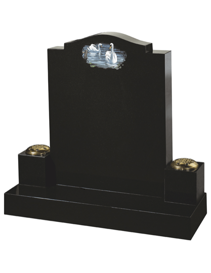 This popular traditional black granite headstone features two flower vases and elegant swan artwork.