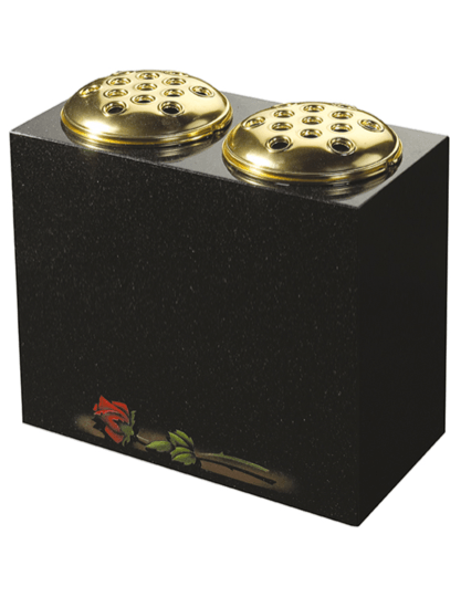 A solid vase with two flower containers and rose design.