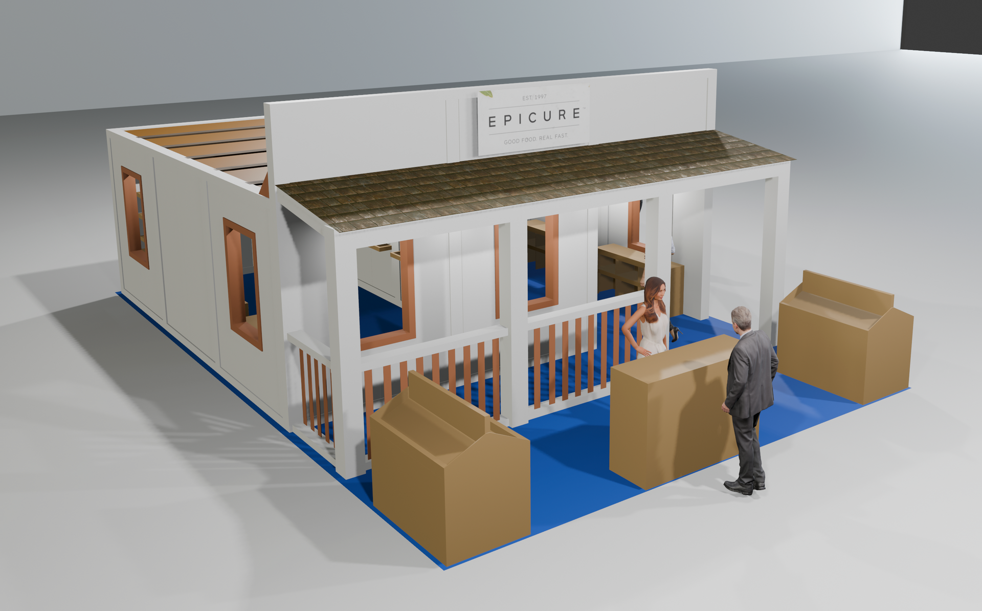 GOKARTON's Early Concept for Custom cardboard trade show Barn Exhibit.