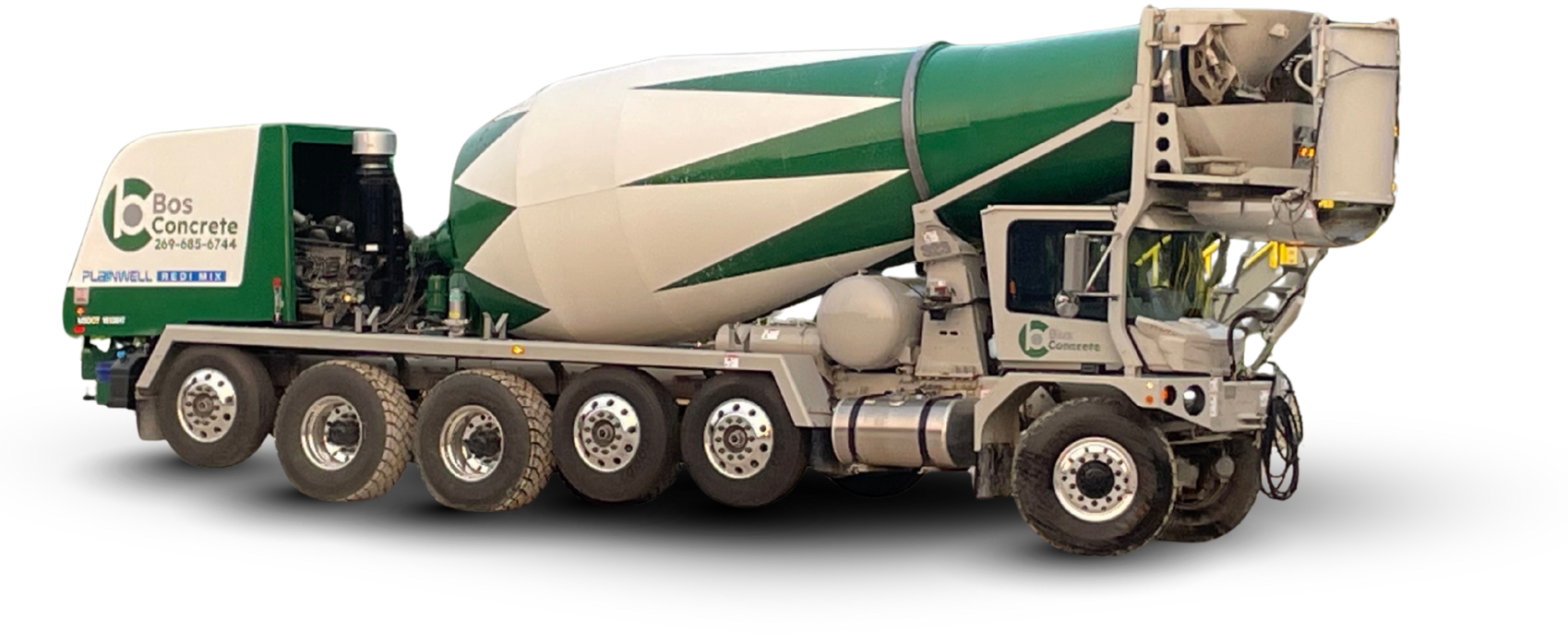 Concrete mixer truck with green and white accents.
