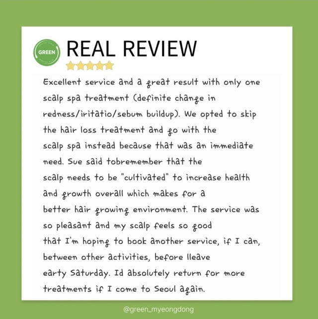 Real client review of Green head spa Myeongdong