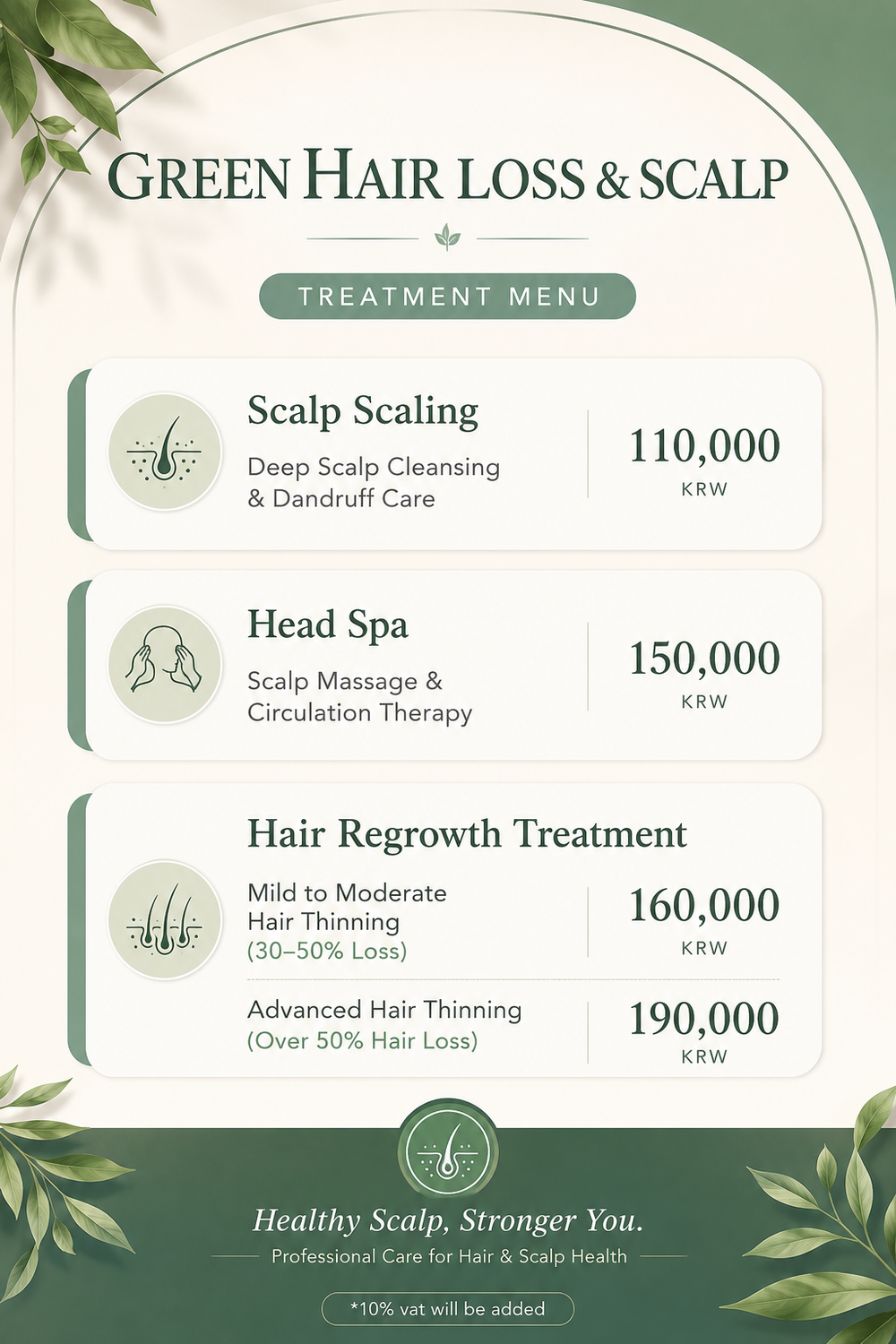 Green treatment menu with prices