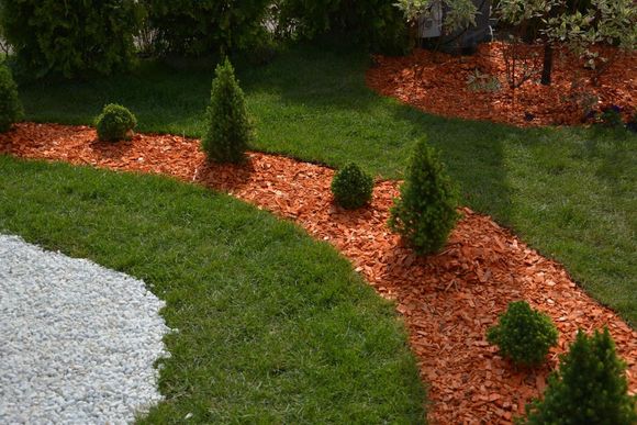 Curved garden paths with white gravel, red mulch, and small green shrubs on a grassy landscape.