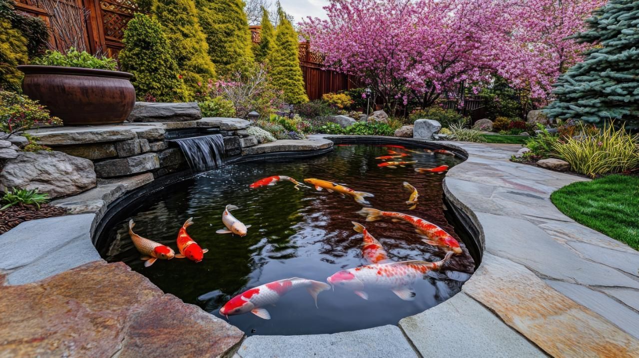 Koi pond with red fish, surrounded by stone edges and lush pink flowering trees in a garden.