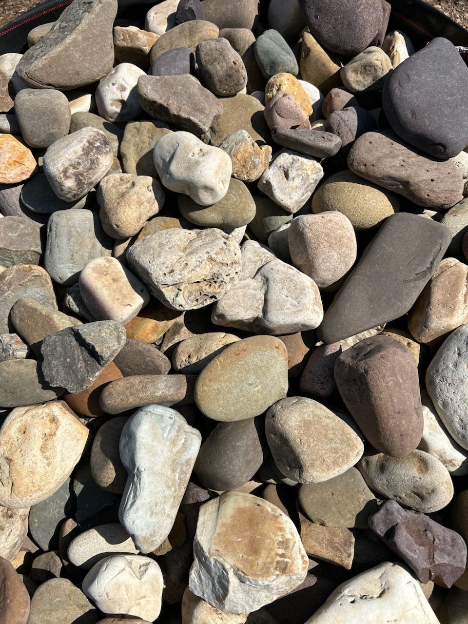 Close-up of smooth multicolored river rocks and pebbles in sunlight