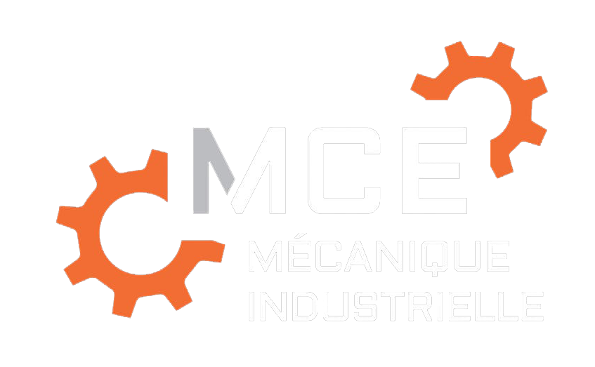 Logo de « MCE Mécanique Industrielle » avec deux icônes d'engrenages orange encadrant le texte.