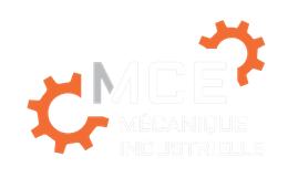 Logo de « MCE Mécanique Industrielle » avec deux icônes d'engrenages orange encadrant le texte.