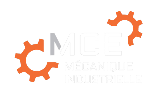 Logo de « MCE Mécanique Industrielle » avec deux icônes d'engrenages orange encadrant le texte.