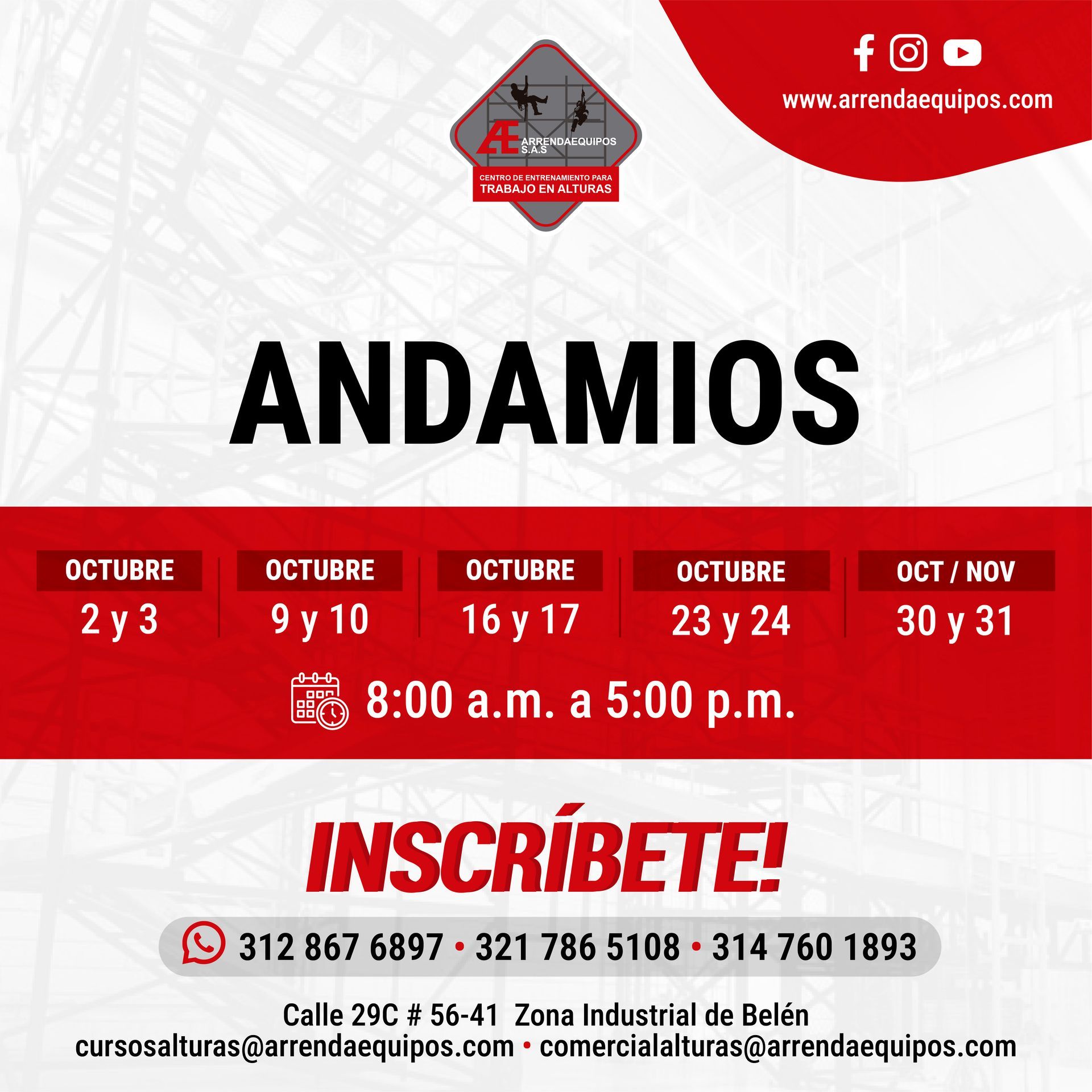 Anuncio de capacitación en andamios para octubre y noviembre. Incluye fechas, horarios e información de contacto.