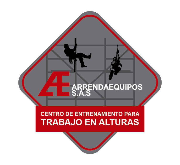 Logotipo de Arrendaequipos SAS con un rombo gris y dos figuras trabajando en altura. Texto en rojo:
